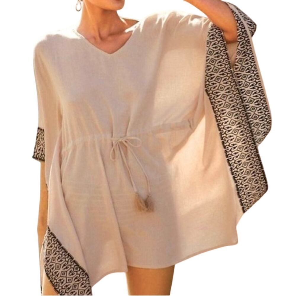 Garnet Hill Embroidered‎ Kaftan Swim Cover Up Size M Beige Black Drawcord Tassel